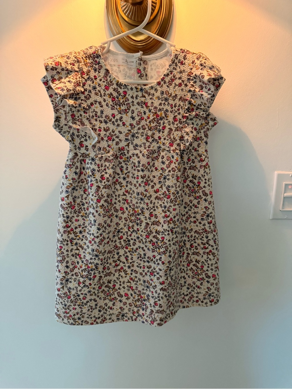 Zara Girls Cream Floral Ruffle-Sleeve Dress with Pink & Navy Accents